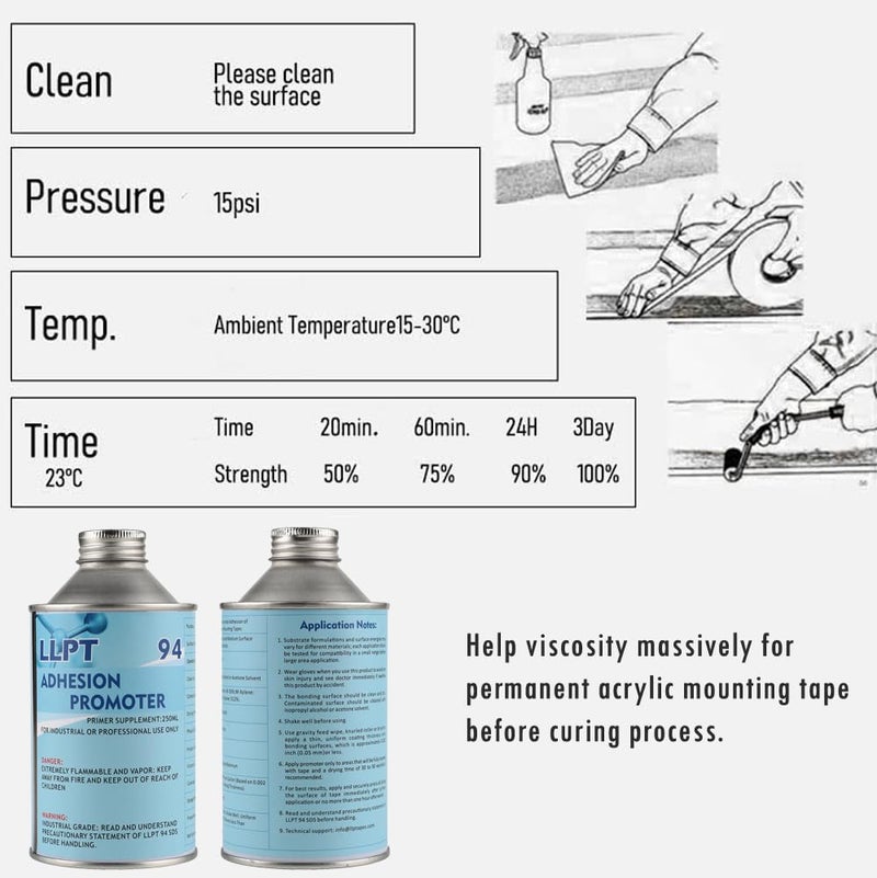 LLPT 94 Adhesion Promoter 250ml Bottle Adhesive Primer for Acrylic Double Sided Mounting Molding and Foam Tape - Image 5